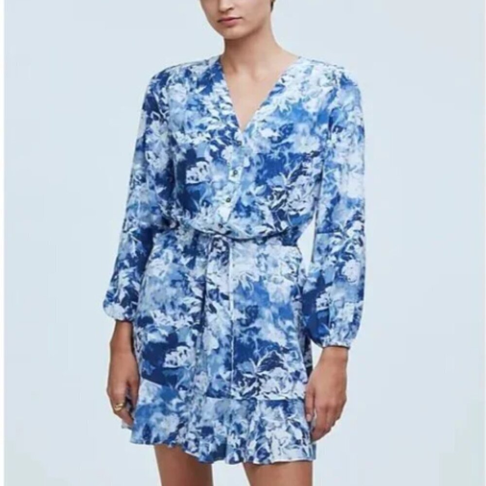 Madewell Tie-Waist Mini Shirtdress in Azura Floral Crepe Rose Boho Whimsy Sz 14